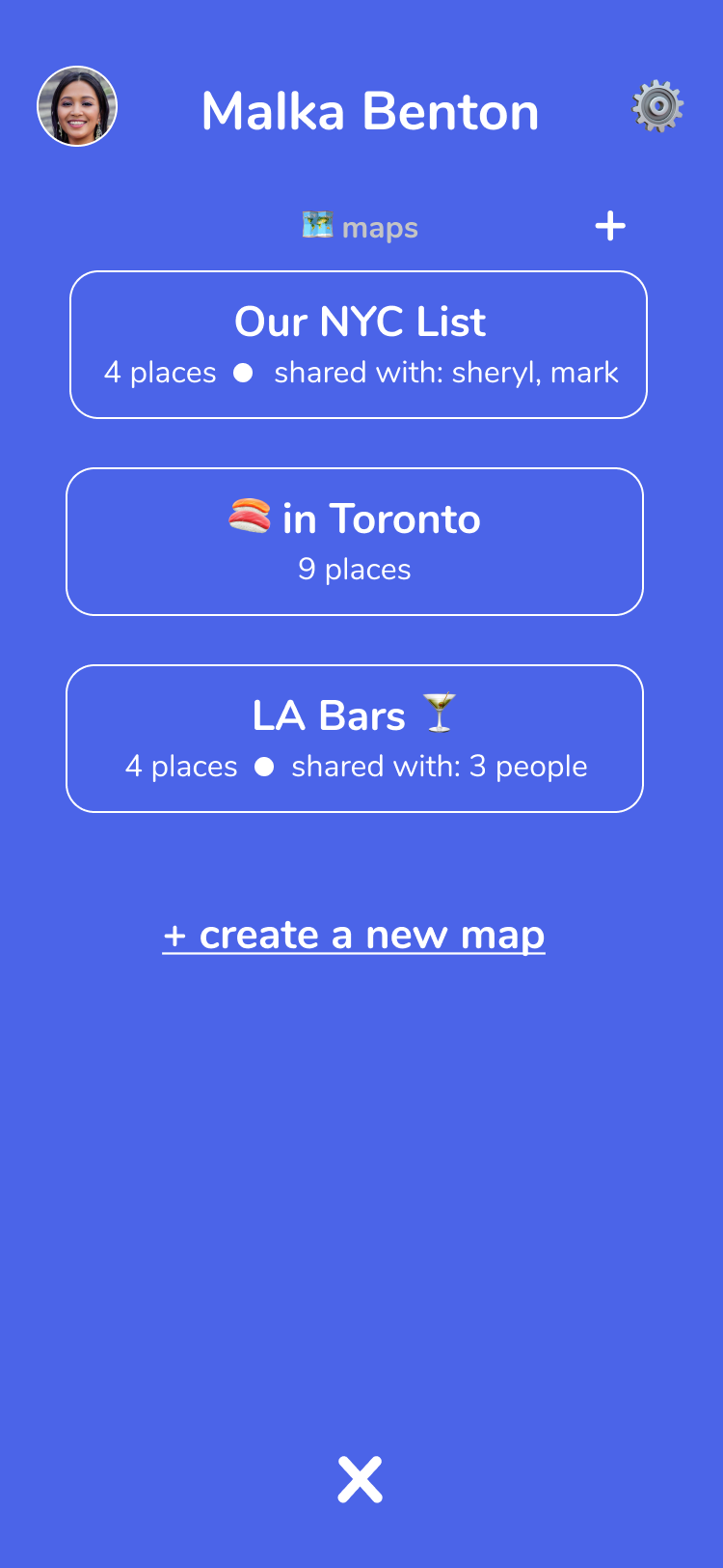 A view of mobile app Dino showing a list of collaborative maps with names, place count and first names of people collaborating, along with a create new map button.