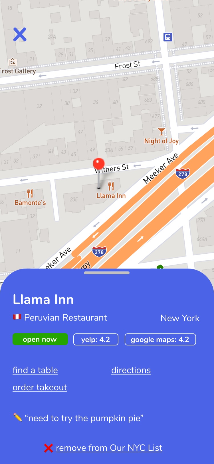 A view of mobile app Dino on a map with a purple half-modal with information about the place