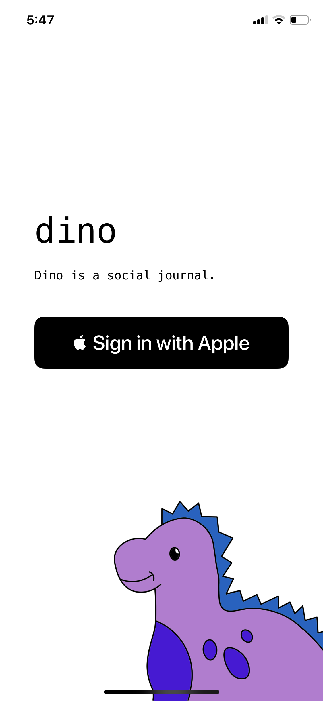 Screenshot of minimal page with Dino dinosaur mascot, the app name, a tagline and a black Sign in With Apple button