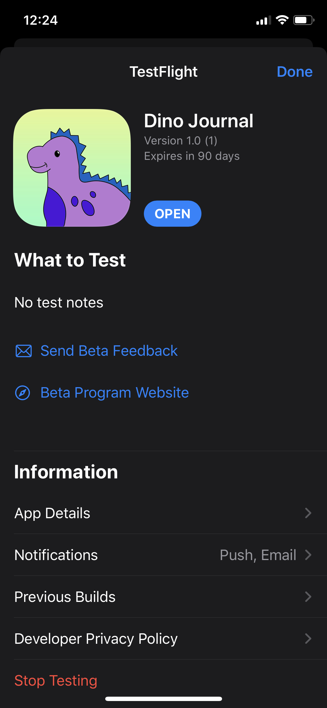 Screenshot of TestFlight page on iPhone for Dino Journal